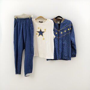 Gepetto Vtg Blue/Gold Stars Pattern Top, Size Lg, Pants & Jacket Women's 3Pc Set